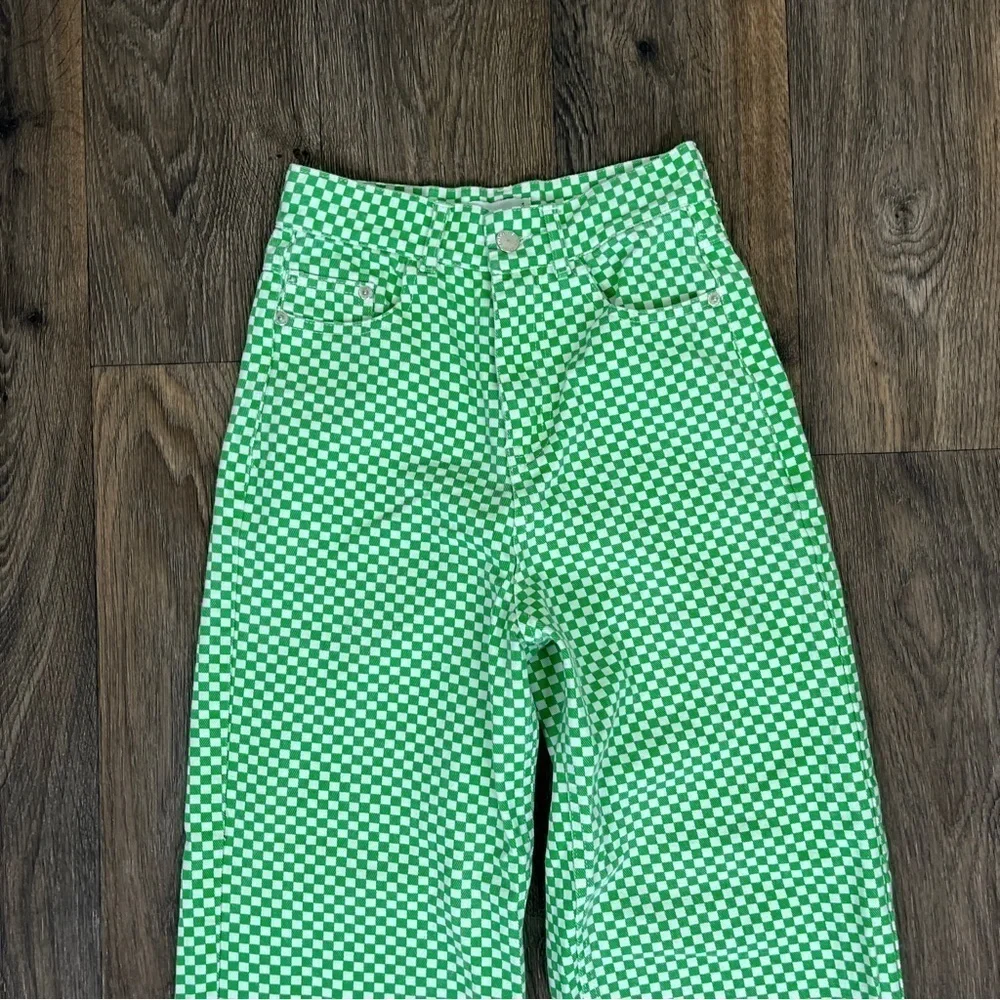 Shekou Women Size XS Linen Green Checkered Straight Leg High Waisted Trousers